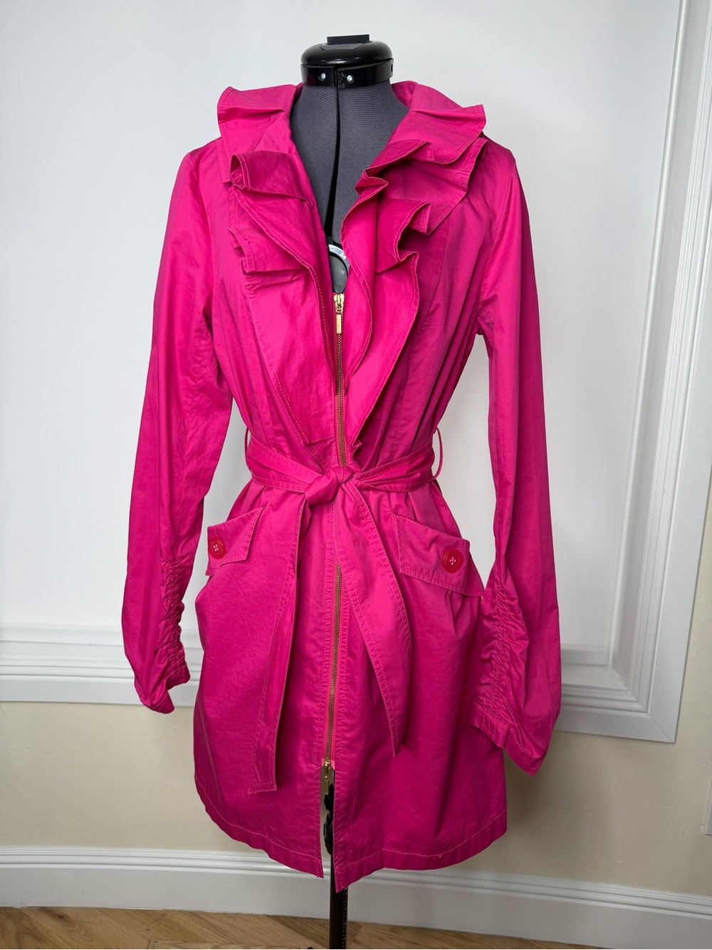 Willi Smit Fuchsia Ruffled Trench Coat with Tie Waist